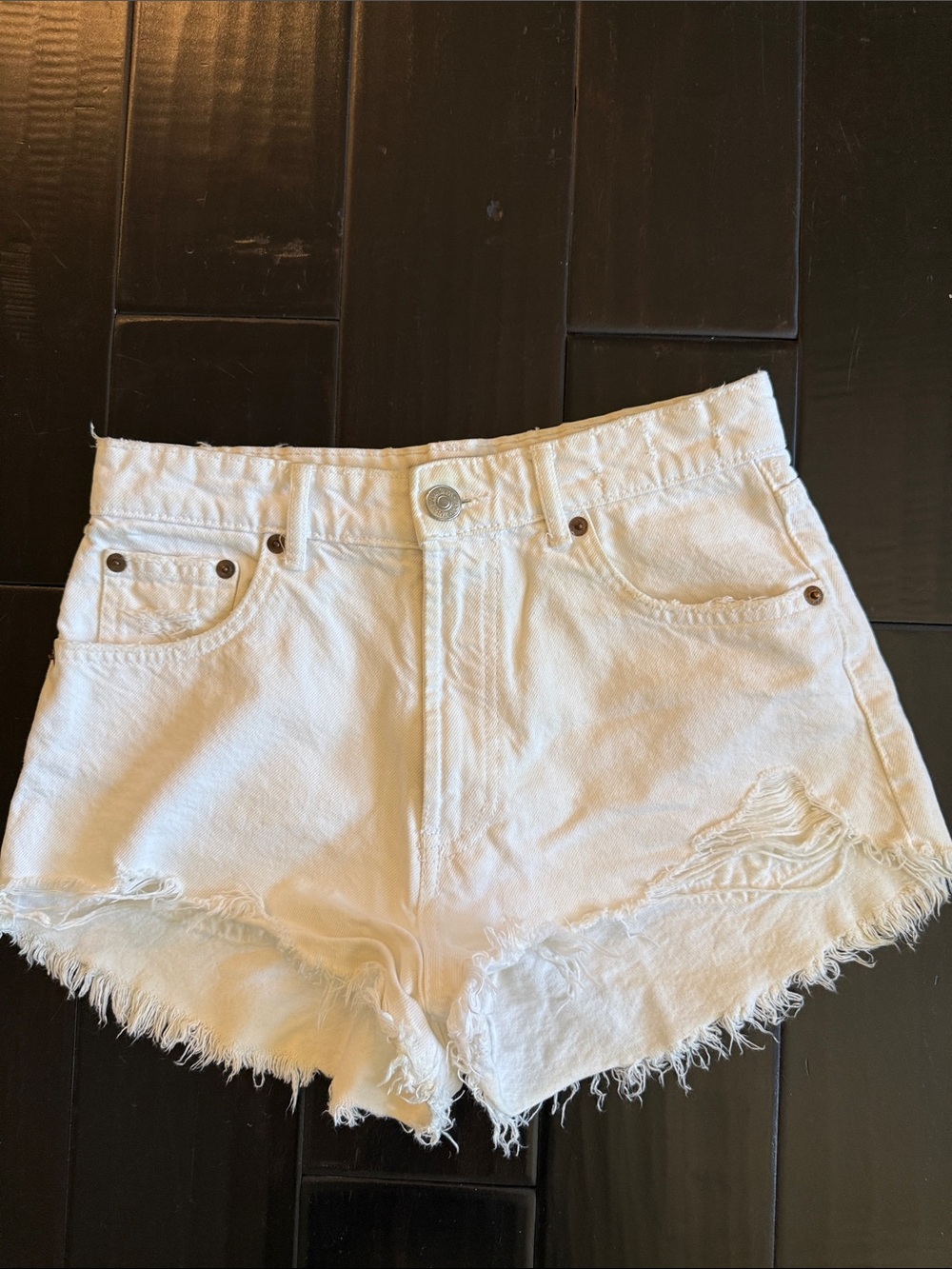 Zara White Distressed High-Waist Denim Shorts